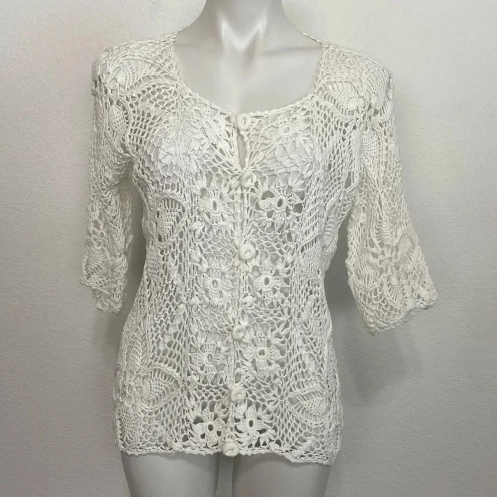 White Crochet Floral Coastal 3/4 Sleeve Button Front Crew Neck Handmade Top